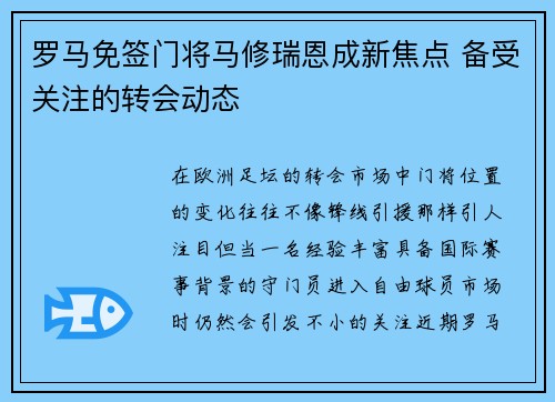 罗马免签门将马修瑞恩成新焦点 备受关注的转会动态