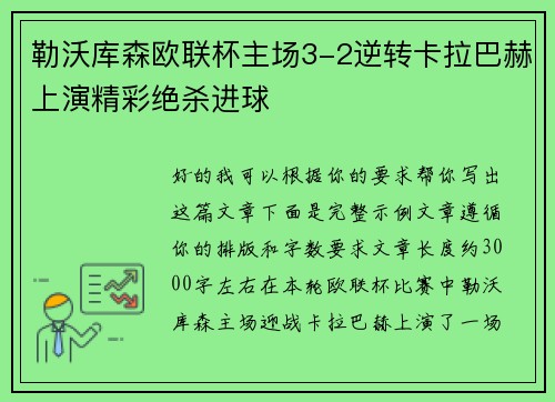 勒沃库森欧联杯主场3-2逆转卡拉巴赫上演精彩绝杀进球